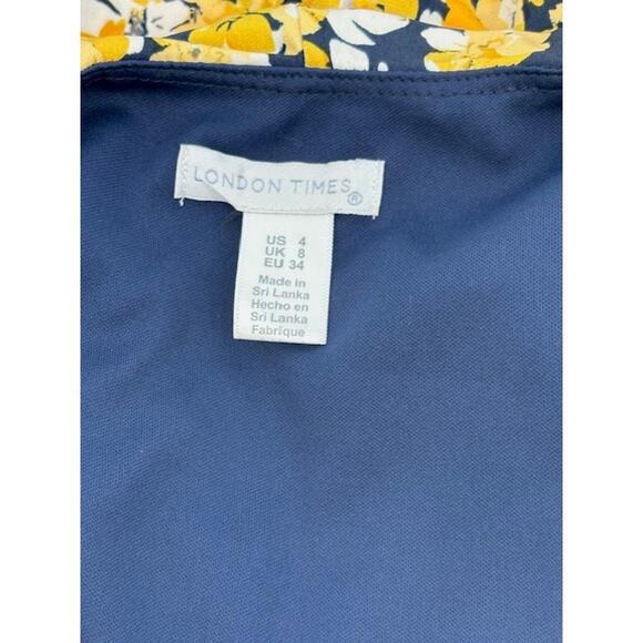 London Times Blue & Yellow Floral Midi Dress with Shoulder Pads – Size 4 - Picture 6 of 8